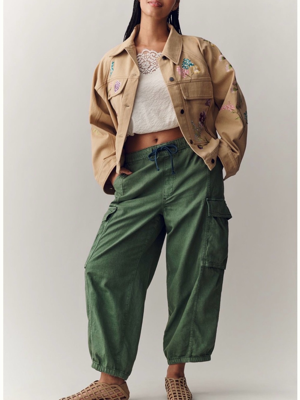 Anthropologie Floral Embroidered Jean Jacket in Starfish Tan